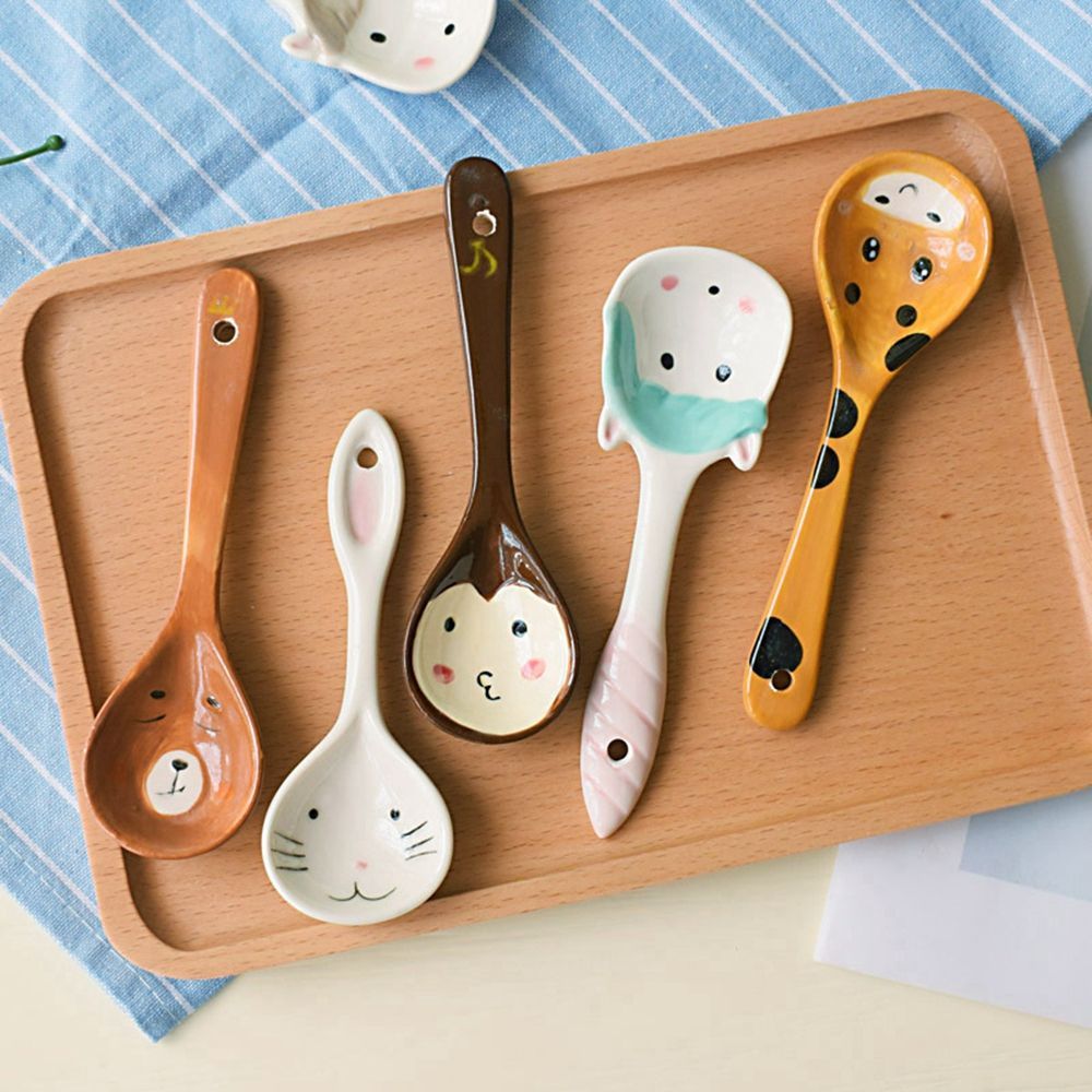 1PC Cute Cartoon Animals Cat Ceramic Spoon For Girls Boys Porridge Soup Spoon Home Restaurant Kitchen Tableware