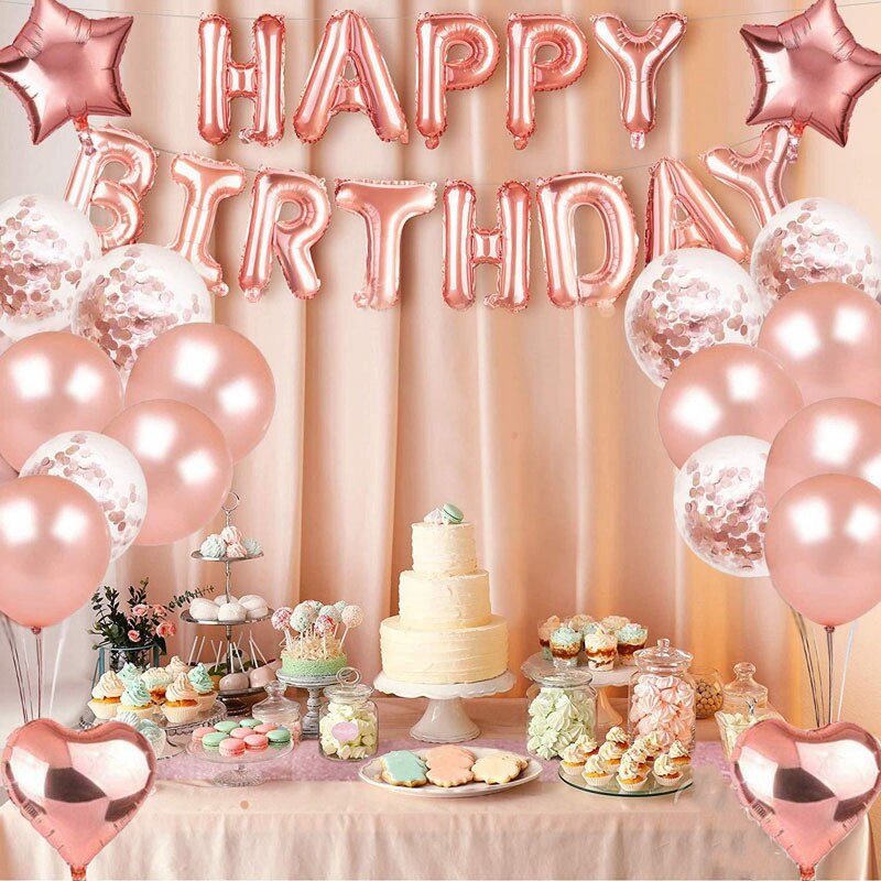 28Pcs Rose Gold Birthday Decoration Set Letter Happy Birthday Balloon Rain Silk Curtain Birthday Party Decor Balloon
