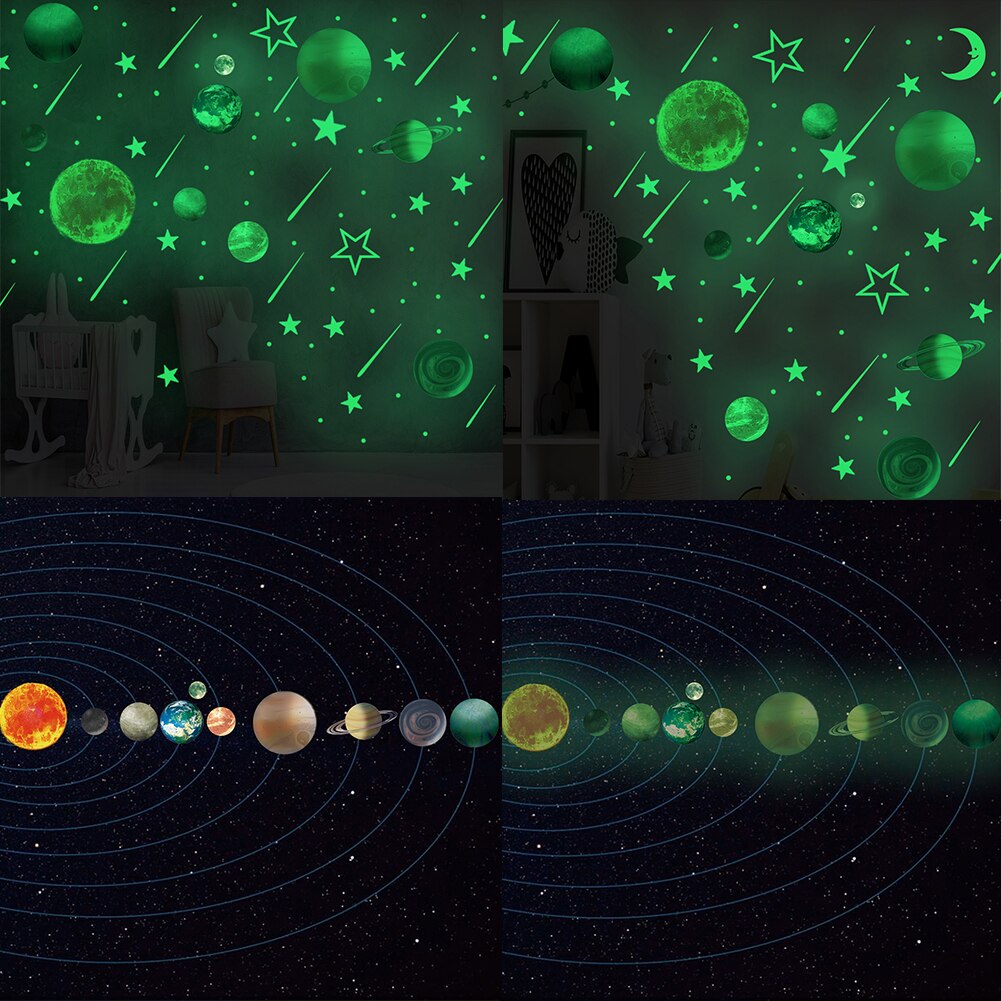 3D Sterren En Maan Planeten Glow In Het Donker Op De Muur Stickers Op De Plafond Gloeiende Kinderkamer Living kamer Sticker Decoratie