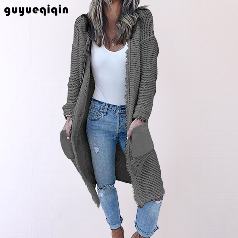 Kvast sweater kvinder tyk strikket lang sweater cardigan frakke langærmet vinter varm sweater frakke outwear