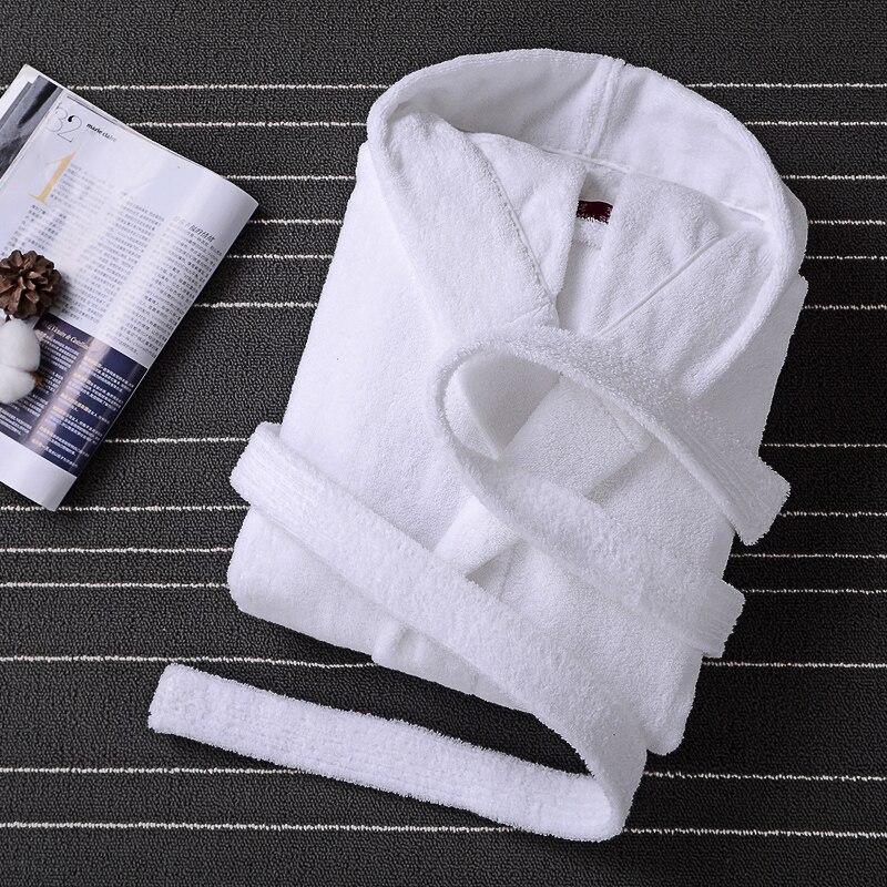 Invierno Albornoz de algodón de los hombres con capucha hombre ropa de dormir traje de franela amantes túnica gruesa de manga larga suave cálido Albornoz de hombre blanco
