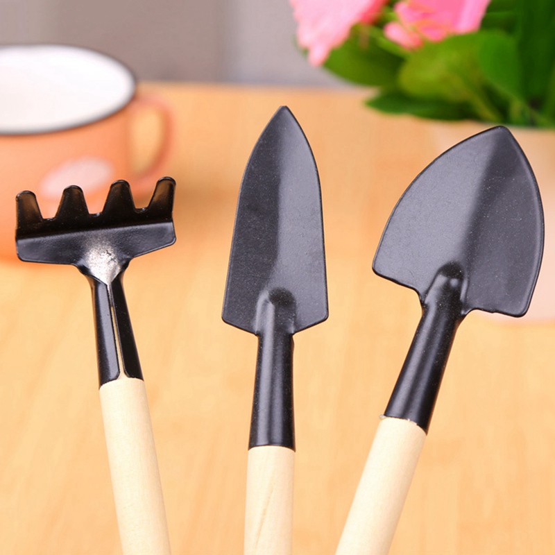 3 stk mini træhåndtag metalhoved gartner havehåndværktøjssæt plante havearbejde skovl spade rive murske