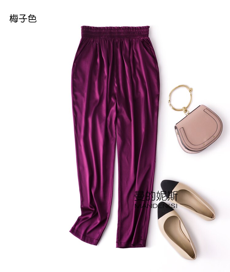 Vrouwen 93% Zijde 7% Spandex Satijn Zijde Lange Broek Broek Harembroek Mode Elastische Taille Vele Kleuren L1013: rose purple