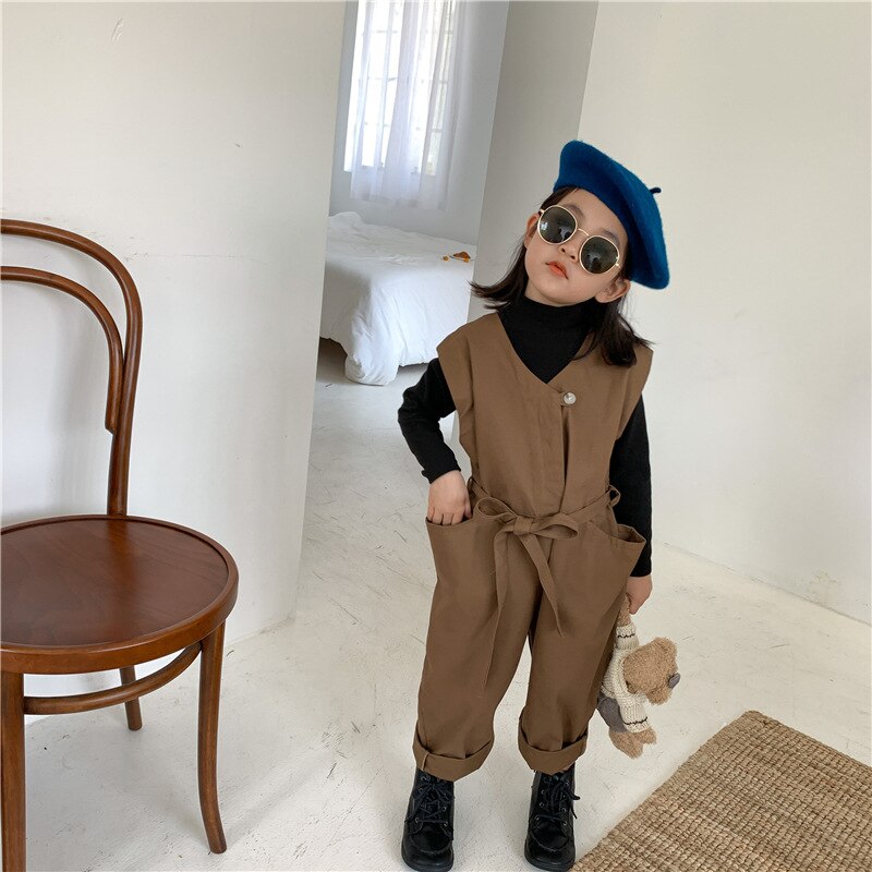 Herfst Koreaanse Stijl Katoen Pure Kleur Losse Mouwloze Jarretel Lange Broek Voor Mode Schattige Baby Meisjes En Jongens