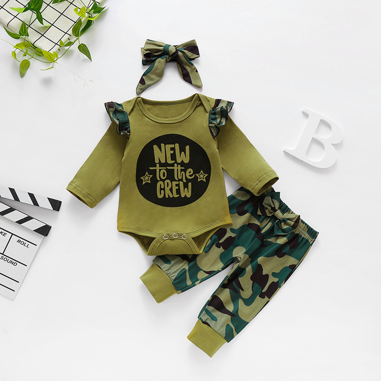 Lettera di Stampa Vestiti Del Bambino Set Infante Appena Nato Del Bambino Delle Ragazze Dei Ragazzi Del Pagliaccetto Dei Pantaloni Della Tuta Fascia Outfit Set Ubranka Dla Niemowlat: Green  / 18-24M