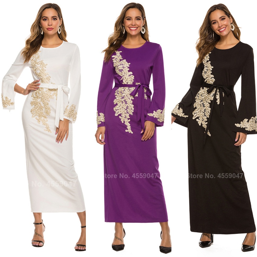 Islamisk tøj muslimsk robe til kvinder mandlige saudi arab dubai perlearbejde blomstret solid lang robe abaya cardigan bælte