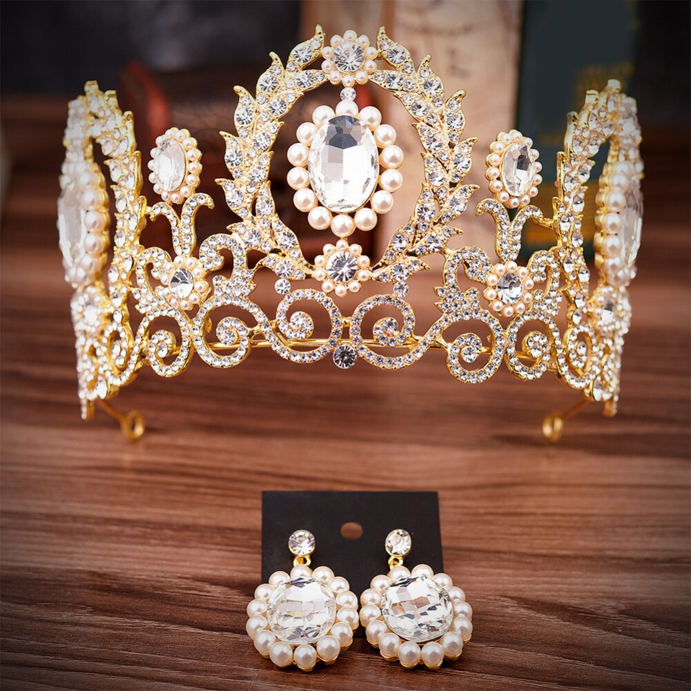 Barokk rhinestone faux perle krone tiara øredobber luksus stil romantisk fest bryllup smykkesett