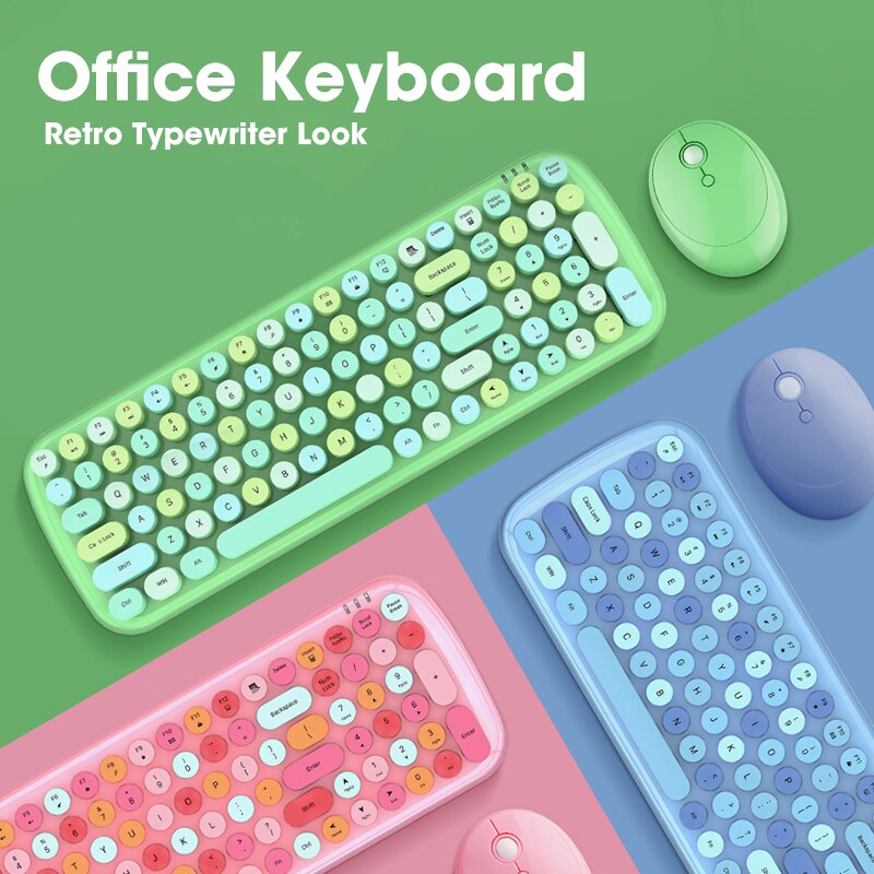 MOfii Wireless Keyboard Mouse set 2.4G Round Cute Candy Colors Blue Keyboard and Optical Mouse Set For Computer Home Office Use