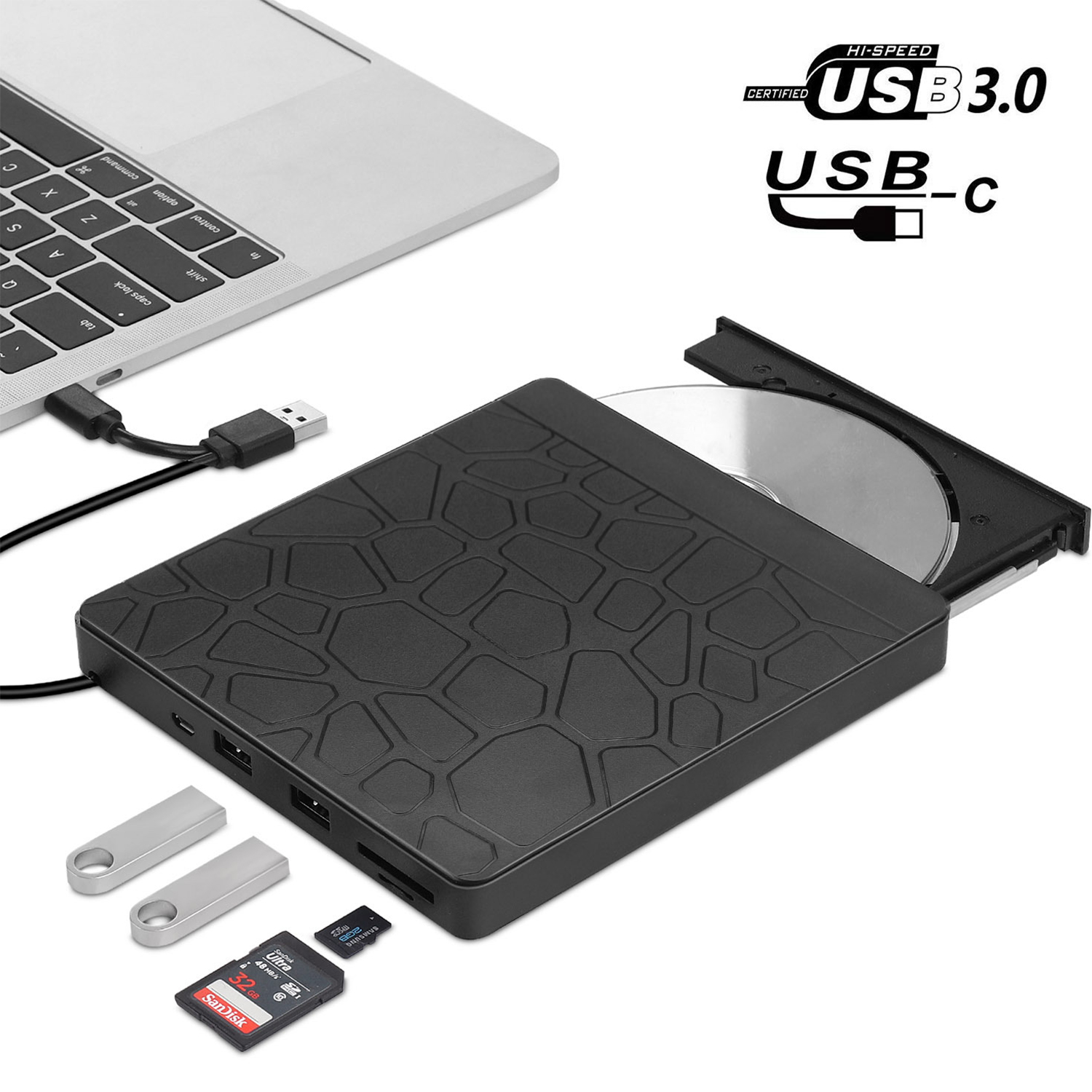 Hannord CD/DVD Optical Drives External +/-RW ROM USB 3.0 Type-C 5in1 Slim Portable Drive Reader External Burner with SD TF Slot