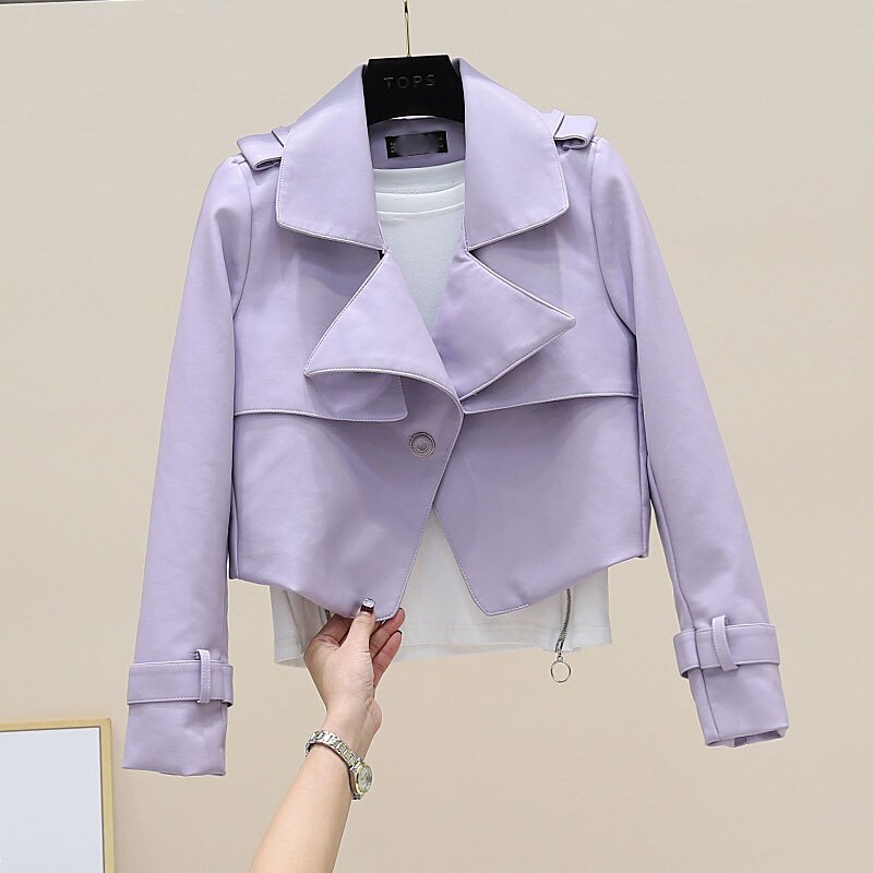 Veste coréenne en Faux cuir PU pour femme, manteau court violet à manches longues, Slim, doux, bouton unique, motard de rue, printemps,: Lavande / S