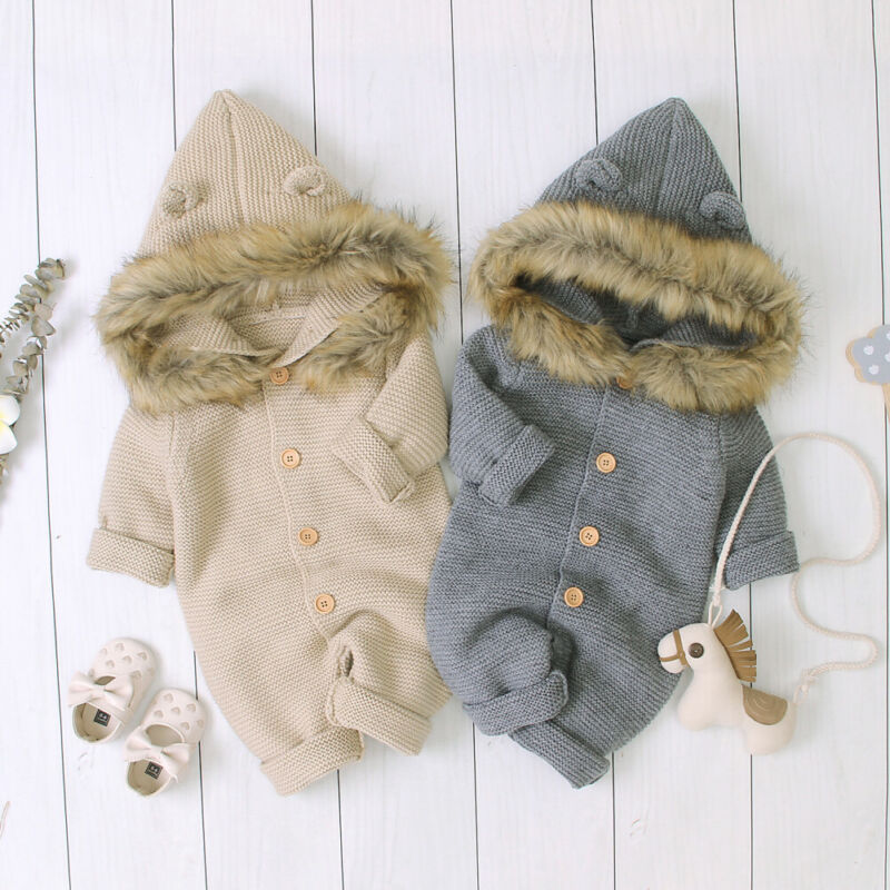0-24M Baby Meisje Jongen Winter Rompertjes Kleding Gebreide Lange Mouwen Single Breasted Hoodie Romper Jumpsuit Outfits