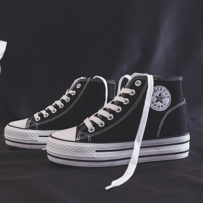 Dame lærredssko high-top indvendig forøgelse plus lille størrelse 34 ren farve hvide sneakers 5.0cm hæle snørebånd pige fritidssko: Sort / 39