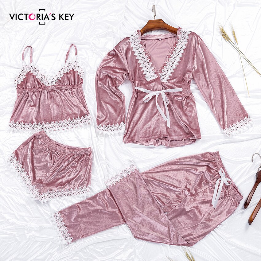 Túnica para mujer de terciopelo rosa clave de VICTORIA'S y conjuntos de vestidos de encaje Albornoz Cami y pantalones 4 piezas ropa de dormir Conjunto de pijama ropa de dormir femenina