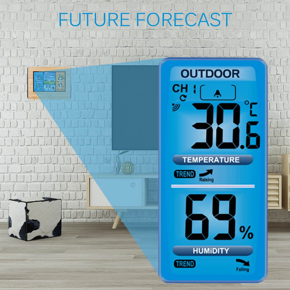 Digitaal kleurenweerstation met waarschuwing en temperatuur/vochtigheid/barometer/alarm/maanfase/weerklok met sensor