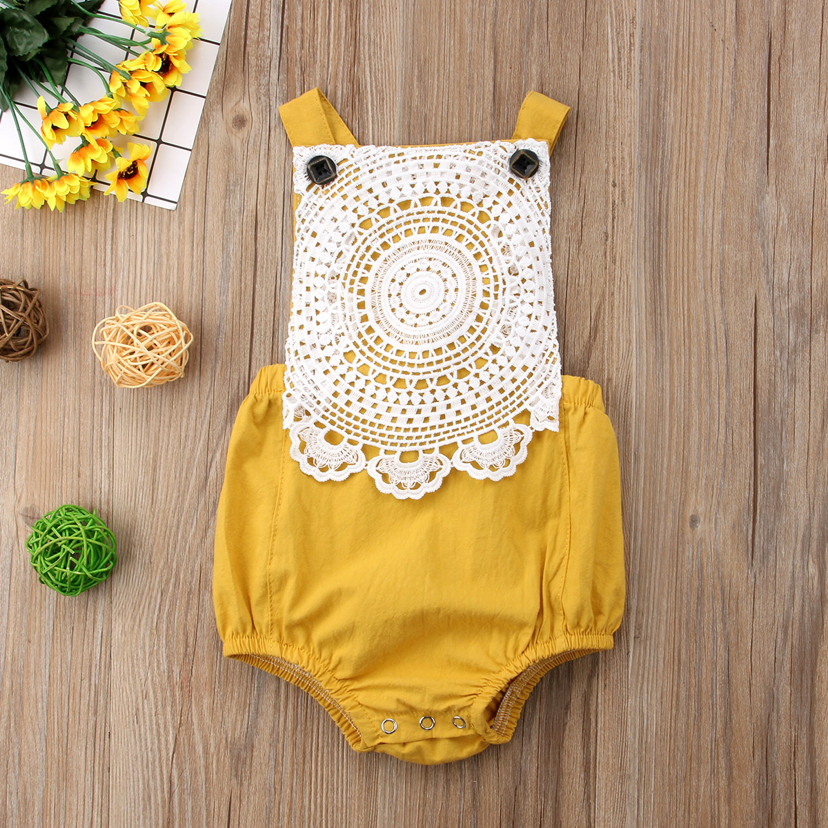 0-24M Zomer Leuke Baby Kids Baby Meisjes Bodysuits Lace Bloemen Mouwloze Geel Jumpsuits