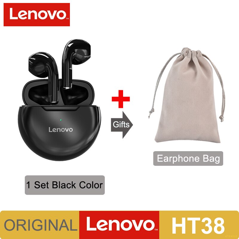 Lenovo HT38 TWS Earphone Wireless Fone Bluetooth Headphones AI Control Mini Headset Dual Mic Noise Reduction HiFi Stereo Earbuds: HT38 Black ad Bag