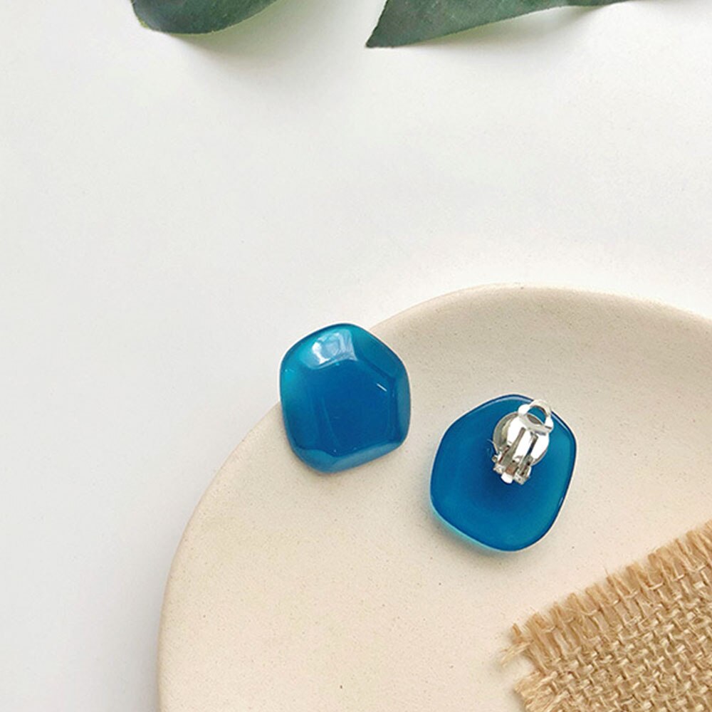 Boucles D'oreilles Vintage Clips Résine Translucide Bleu Et Or - Sans Marque, Occasion