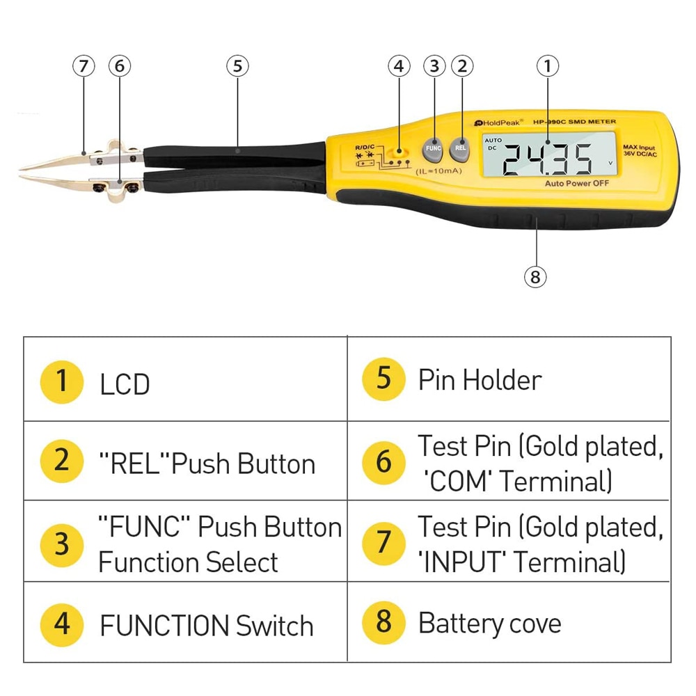 990C Digital SMD Tester Capacitance Meter for Diode Capacitance Resistance Tweezers Meter Battery Tester with Spare Test Pin