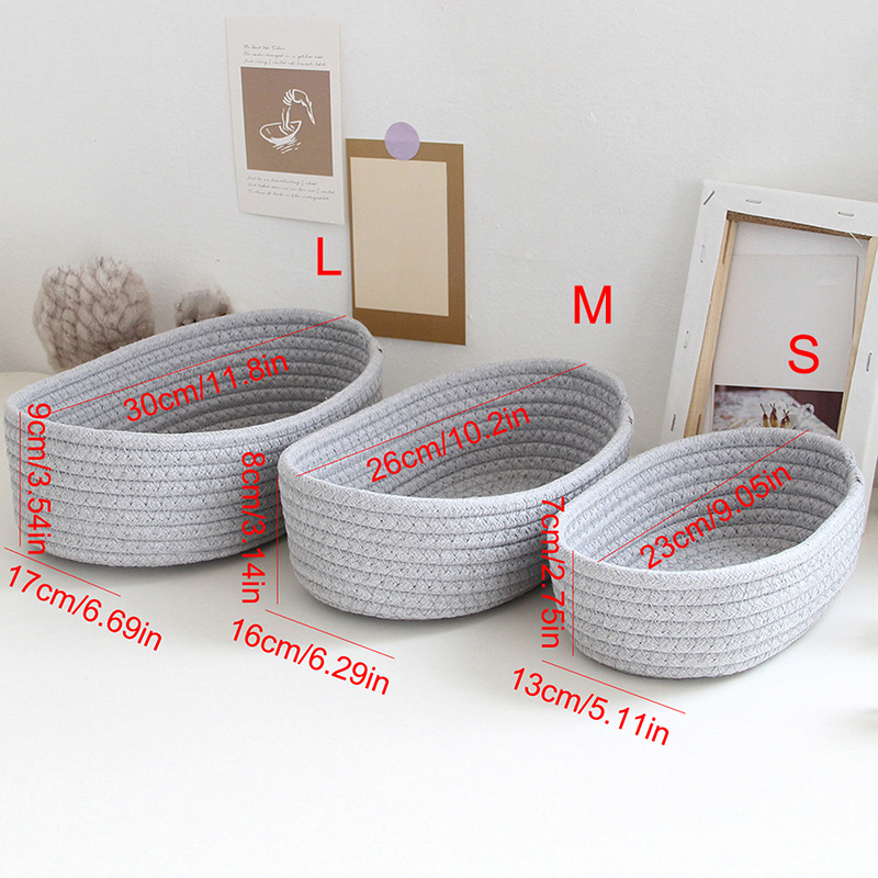 1PC Storage Basket Toys Cosmetics Office Stationery Storage Box Hand Woven Cotton Thread Storage Basket Boat Shaped Basket: M / Light Grey