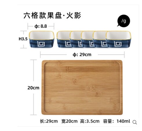 Plato divisor de cerámica para el hogar, bandeja de madera, plato de aperitivos de estilo japonés, con rejilla dividida, plato de fruta seca: O-6PCS