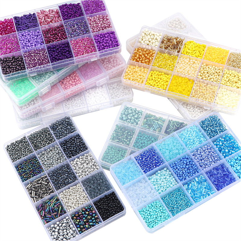 Juego de cuentas de vidrio de 15 colores para hacer pulseras, cuentas espaciadoras sueltas con caja de almacenamiento, Kit de cuentas de tubo para manualidades, dijes de collares