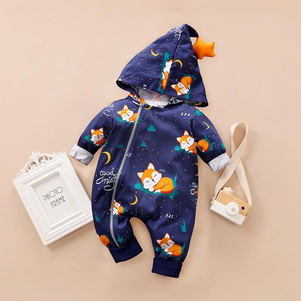 PatPat 2020 Novos Outono e Primavera Elegante Fox Projeto Longo-luva Com Capuz Macacão para o Bebé Roupas: 9-12 Months