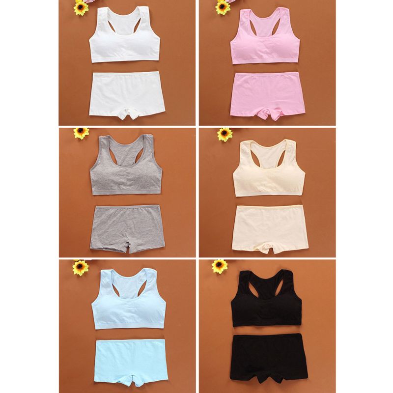 Teens Girls Sports Bra Puberty Gym Underwear Wireless Teenager Girls Sport Bra with Briefs Cotton Young Girls Training Bra Set