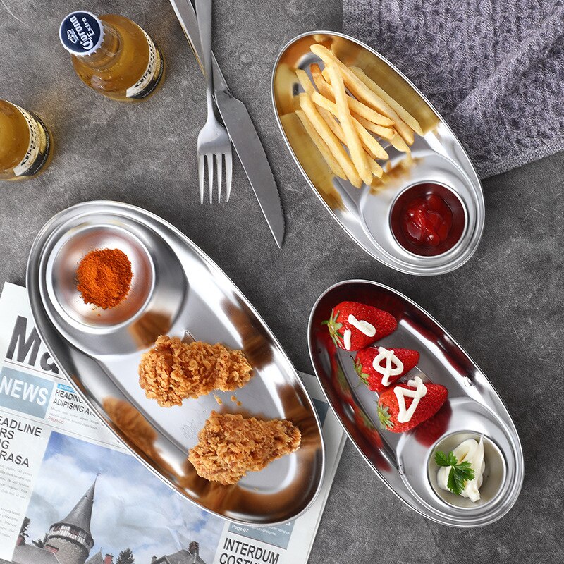 304 stainless steel snack plate divided grid plate oval plate with sauce plate western food french fries fried chicken snack