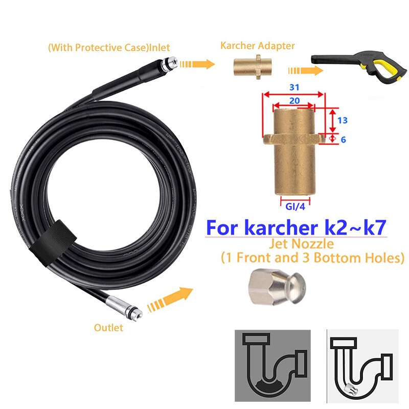 Manguera de alta presión para karcher K2K3 K4 K5 K7 con boquilla de chorro, drenaje de alcantarillado, limpieza de agua,desatascos alta presion tuberias,boquilla de limpieza limpia tuberias,boquilla macho alcantarilla