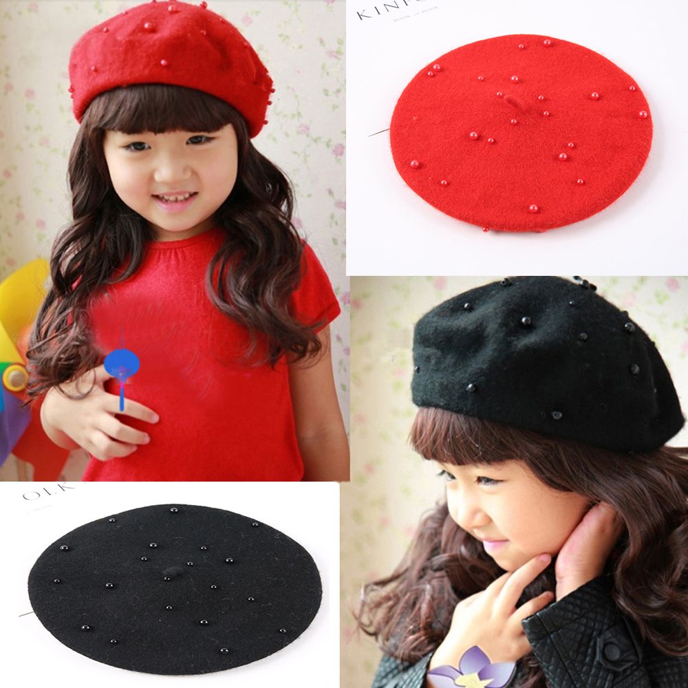 Vinter baby söt ull hatt med pärlor godis färg retro basker mössa för 3-8 år för pojkar och flickor 1pc