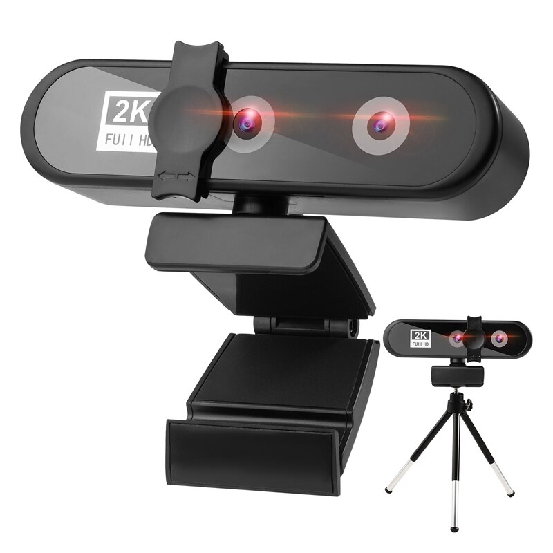 Video Conference Webcam 2K PC Web Camera with Face Recognition Dual Lens Autofocus HD Camera for Computer Live Broadcast