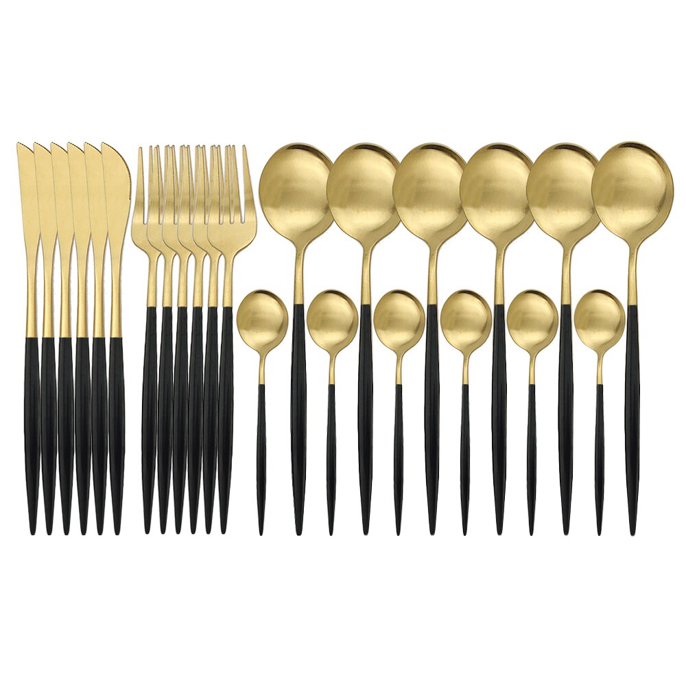Couverts en acier inoxydable 304, 24 pièces, blanc et or mat, service de table, vaisselle, vaisselle, coutellerie, couteau, fourchette, cuillère, argenterie: 24Pcs Black Gold