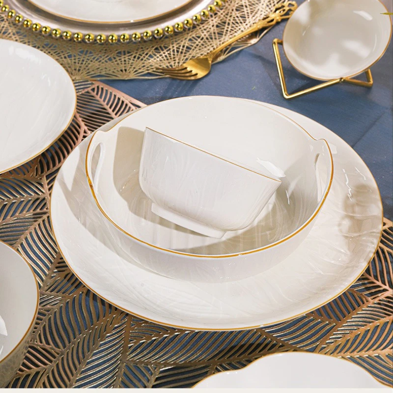 Pure White Ceramic Tableware Relief Golden Edge Fruit Vegetable Plate Easy-to-clean Rice Bowl Kitchen Tableware