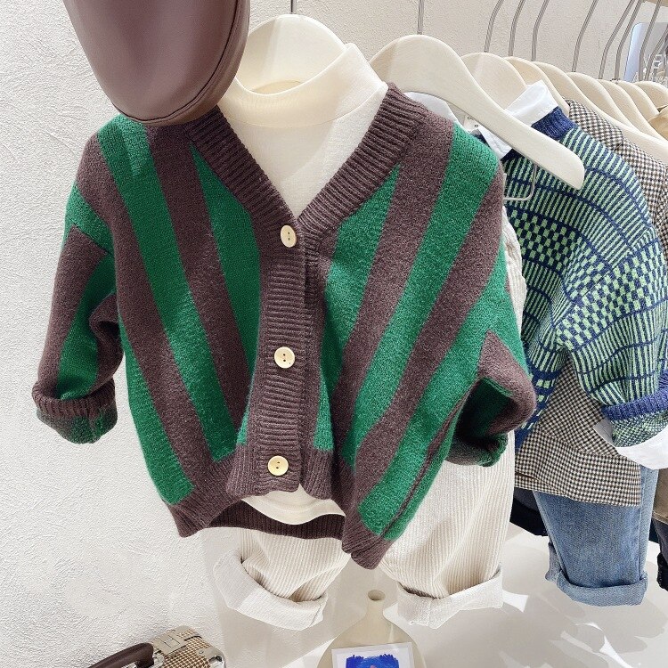 Koreansk stil børnetøj efterår retro stribet baby drenge sweatere småbørn børn strikket cardigan frakker: 3t
