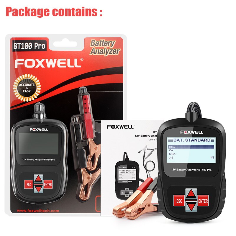 Foxwell BT100 12V Auto Batterij Tester Analyzer 100-1100CCA Automotive Detecteren Gezondheid Fouten Voor Overstroomd Agm Gel Batterij: Default Title