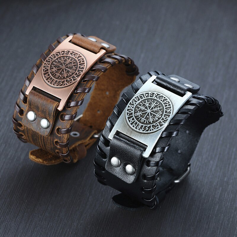 LEATHER VEGVISIR COMPASS BRACELET FOR MEN VIKING JWLELRY