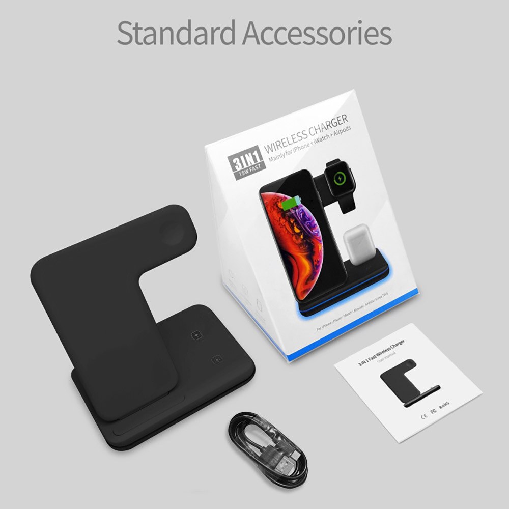 3 in 1 15w schnelllade-ladestation mit qi- 3 für iphone 12, 5 11 xs  s21  x 8 samsung galaxy watch 6 4 airpods pro und galaxy