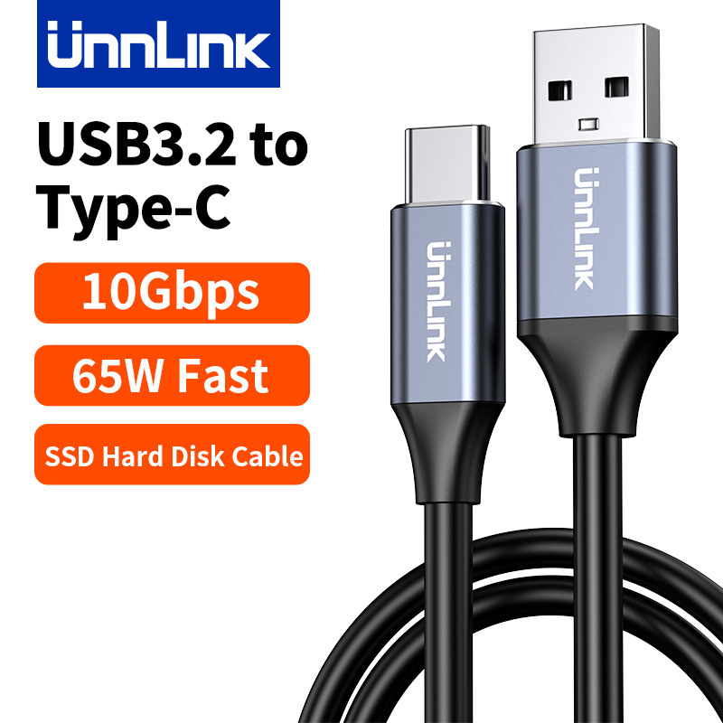 Unnlink USB 3.2 10Gbps Type C-kabel USB A naar Type-C Gegevensoverdracht USB C SSD Harde schijf Draad 3A PD 65W Snel opladen