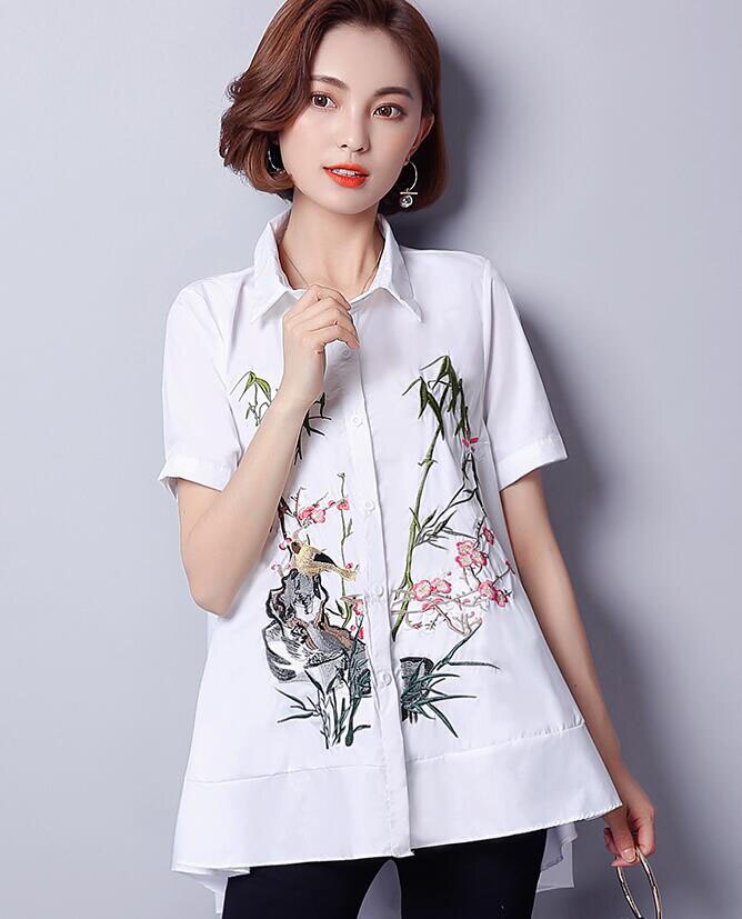 été nouvelle chemise ample revers Code femmes fleur chemise broderie coton maternité chemise: WHITE / 4XL