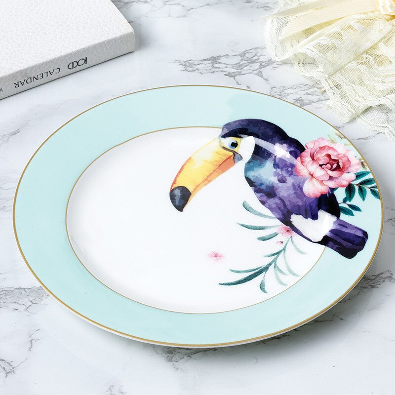 Skandynawski zielony liść styl płyta ceramiczna ręcznie malowany okrągły Beefsteak płyta taca śniadaniowa talerze obiadowe talerz: Toucan