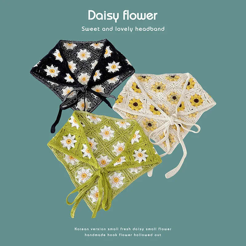 Lenço triangular feito à mão crochê malha bandana para mulheres retro bonito e doce pequena margarida cinta com bandana