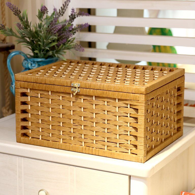 Rattan Weaving Storage Box with Lid Household Desktop Debris Storage Box Living Room Snacks Bedroom Clothing Storages Basket: S  30x20x13cm / a9