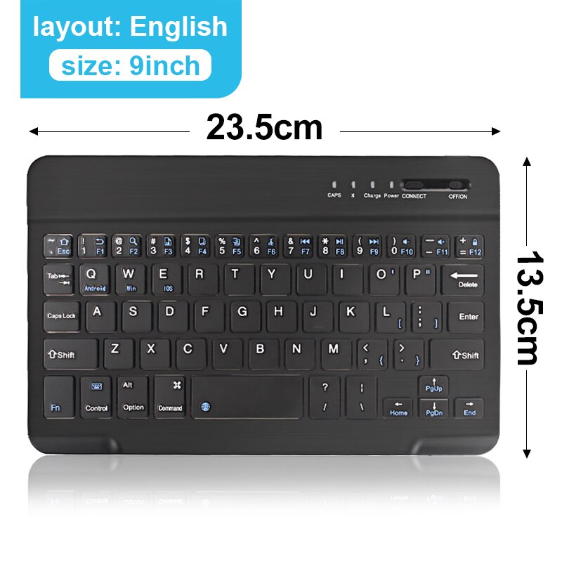 Teclado inalámbrico Bluetooth, Mini teclado ruso para ipad, tableta, teclado de goma compatible con Windows IOS Android: 9 Inch Black