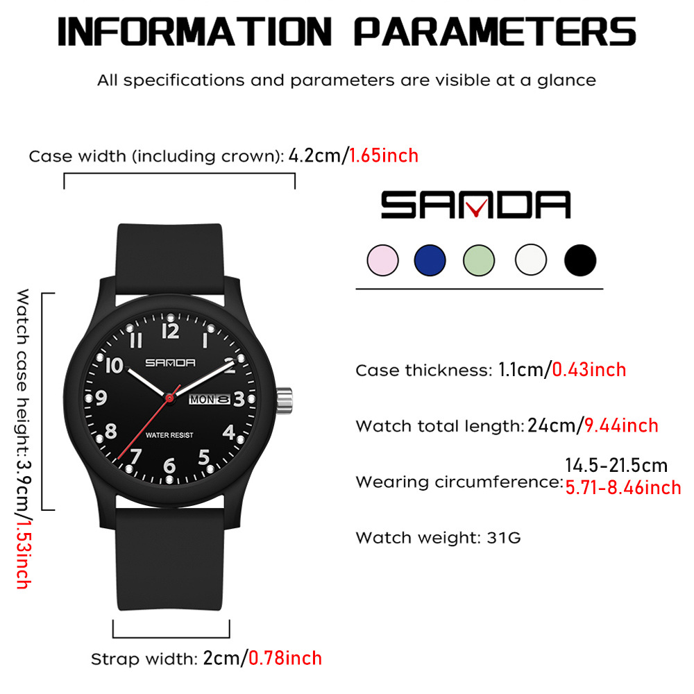 SANDA Herrenuhr, Silikonarmband, modisch, lässig, wasserdicht, leuchtende Uhr, Unisex-Armbanduhr, Datum, Woche, Sport, Herrenuhren