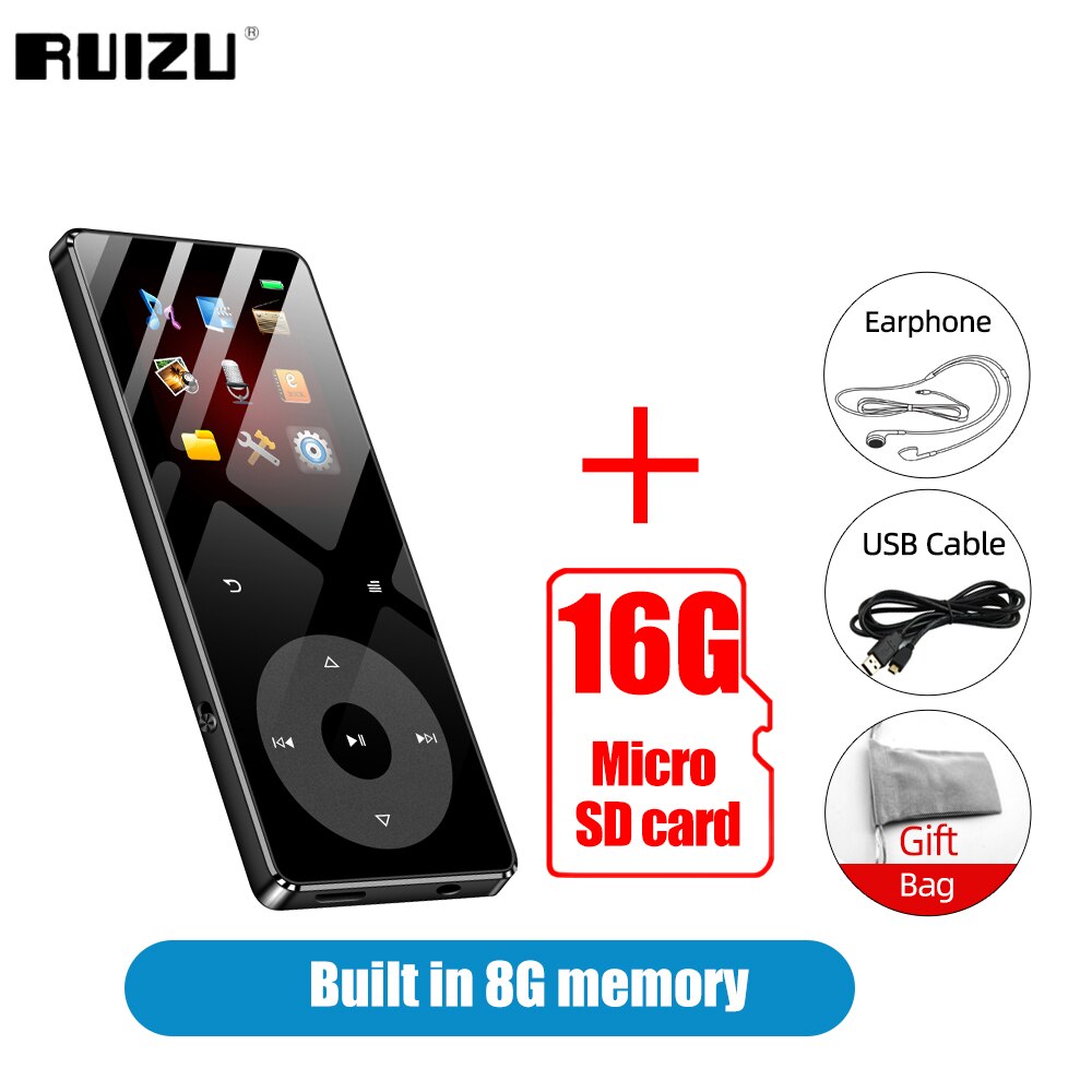 RUIZU – lecteur MP3 Hifi à écran tactile X02B, avec Bluetooth 5.0, haut-parleur intégré, Support de carte TF, Radio vidéo, enregistrement, Ebook: 8G Black Add 16G TF