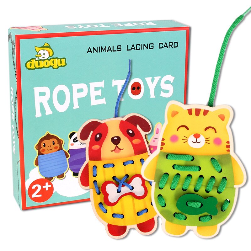 Wooden 3d Puzzles Cartoon Animal Lacing Card Rope 5PCS Exercise Concentration Hand Eye Children Classic Life Skills Toys