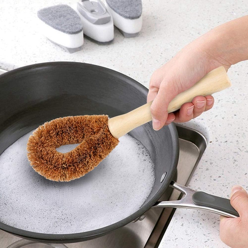 Juego de cepillo de limpieza a base de plantas de 4 piezas, madera de haya y cerdas de coco, sartén de madera y cepillo para limpiar ollas, cepillo de botella, plato B