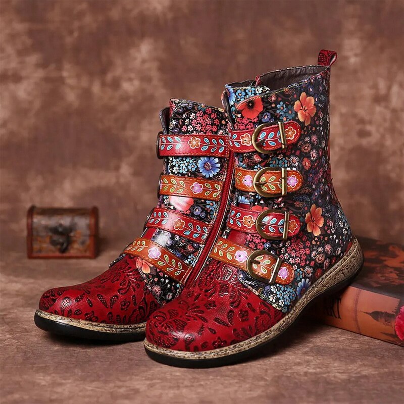 Socofy, botas para Mujer, estampado Retro, hebilla de Metal, cuero suave, cremallera, Botines, botas para Mujer