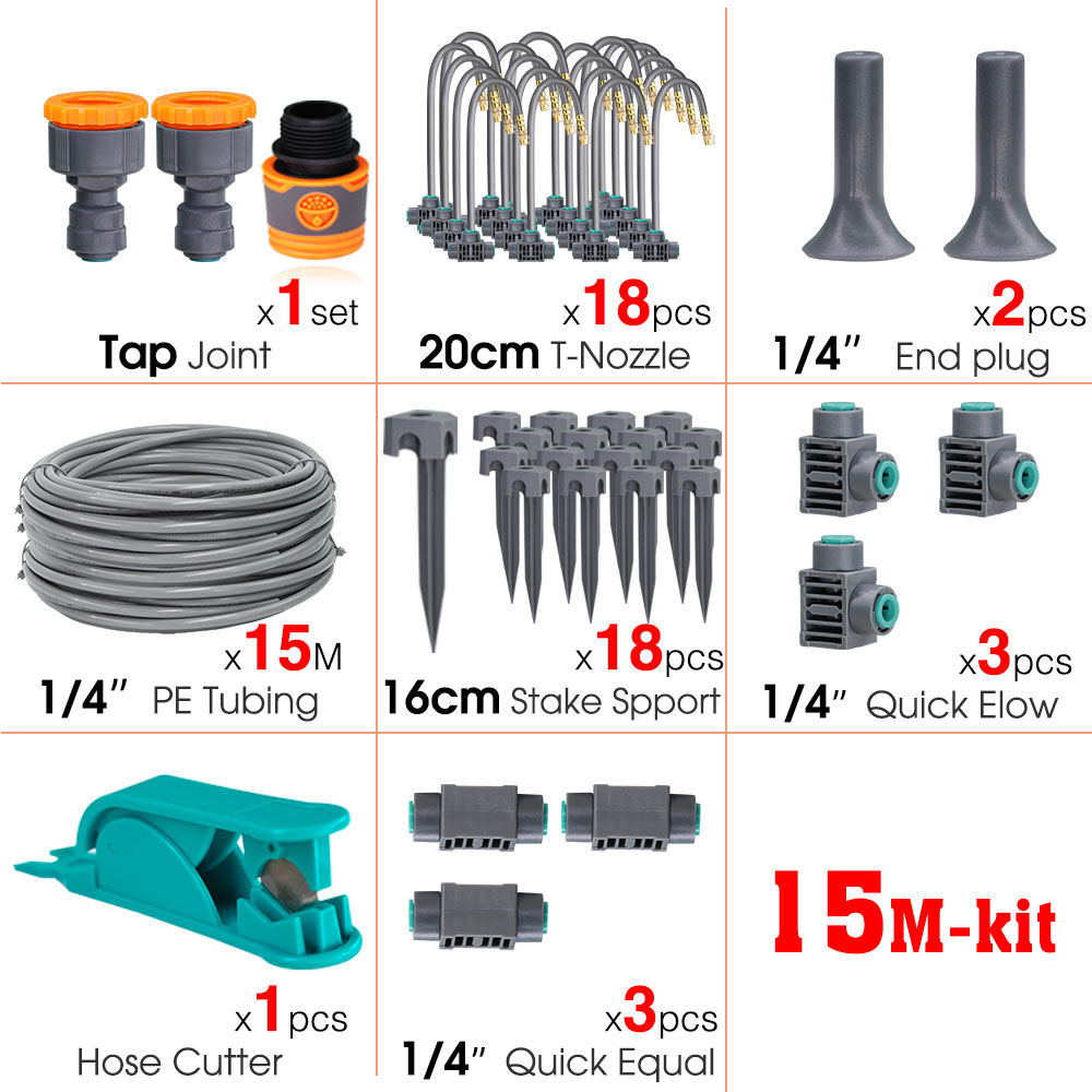 5M-30M 45W-60W Self-priming Pump Watering System 360° Bendable Mist Brass Misting Sprinkler Quick Connector Drip Irrigation Kits: black