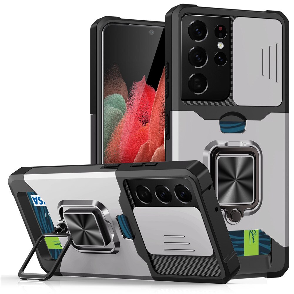 Til samsung galaxy note 20 ultra 5g etui slide panser stødsikkert kort slot etui note 20 note 20 ultra magnetisk metal stativ cover: Galaxy note 20 ultra / Sølv